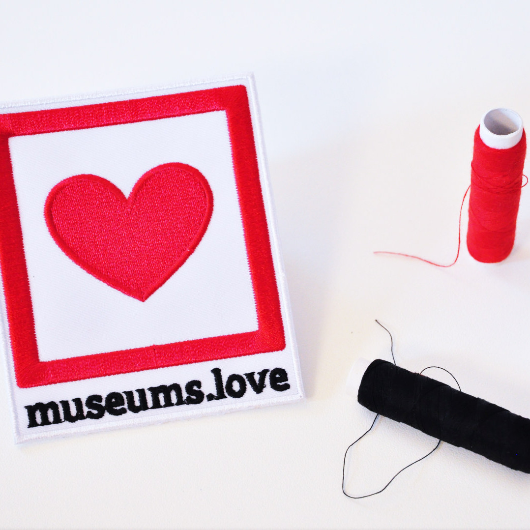 museum lover's sew-on patch with red heart in frame